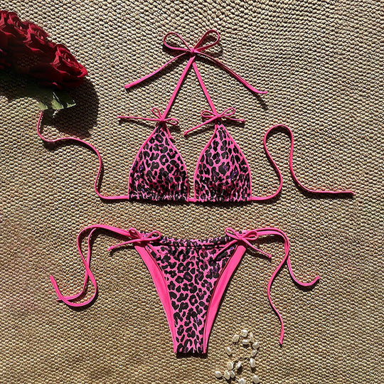 Damen Triangel-Bikini mit detailliertem Tropenmotiv und verstellbaren Bindebändern R&B