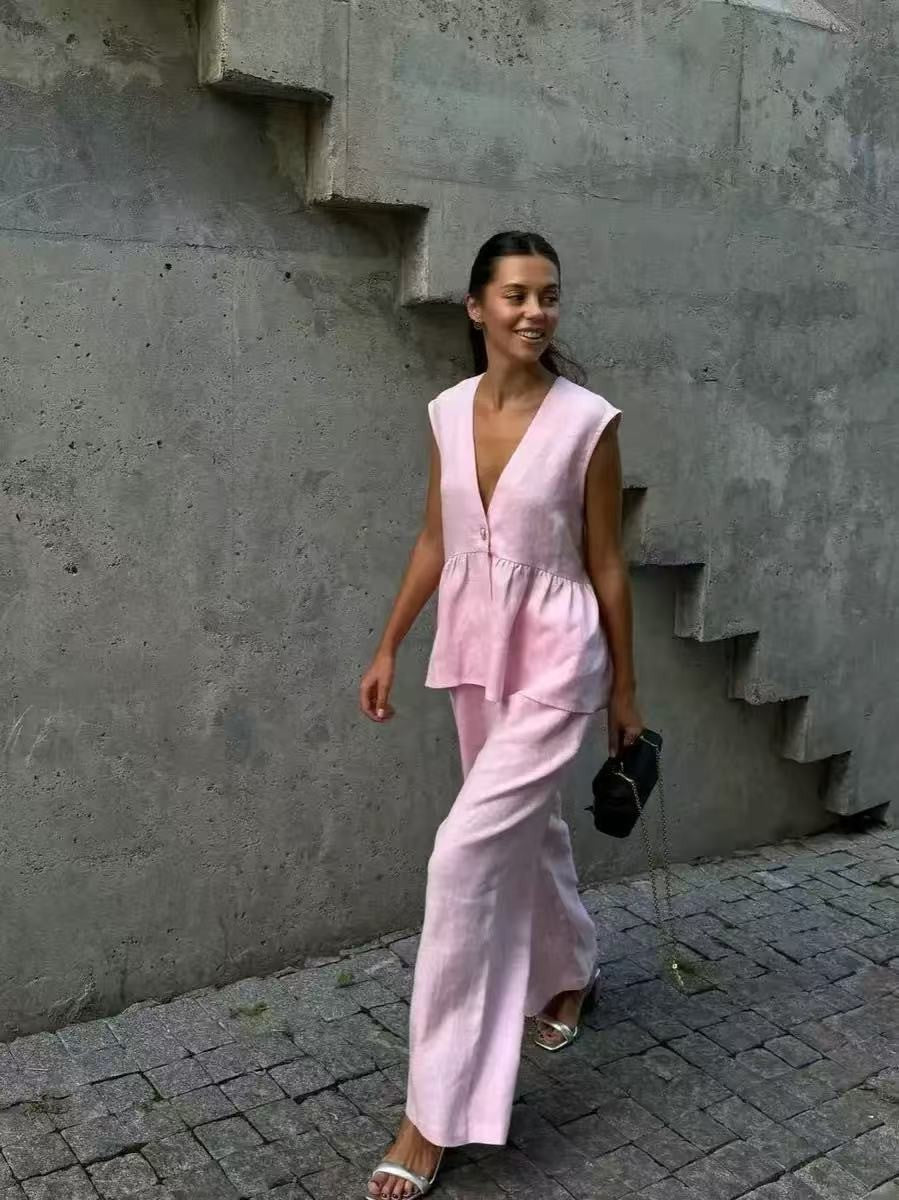 Damen elegantes Leinen-Outfit mit schickem Oberteil und weiten Hosen R&B