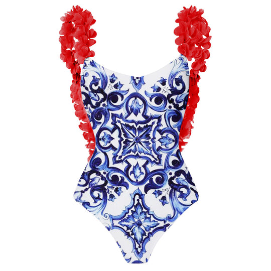 Damen Eleganter Badeanzug mit Rüschendetails und passendem Wickelrock R&B