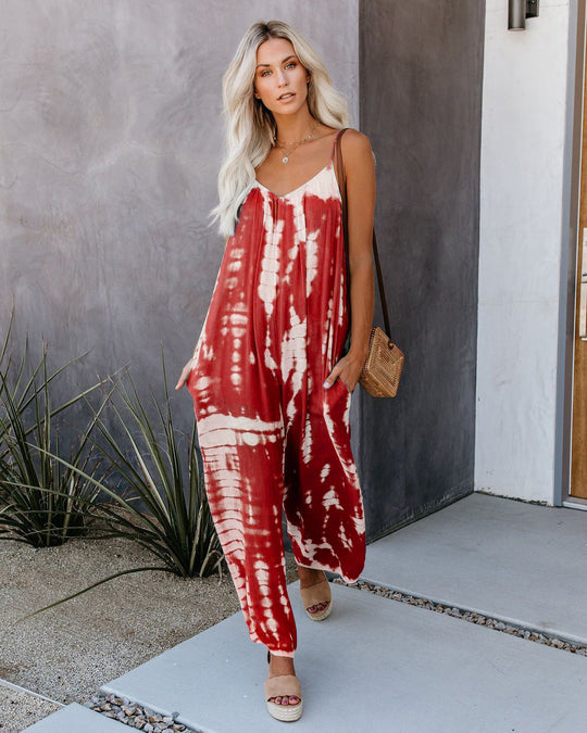 Damen Lässiger Maxijumpsuit aus leichtem Stoff mit Tie-Dye-Muster R&B
