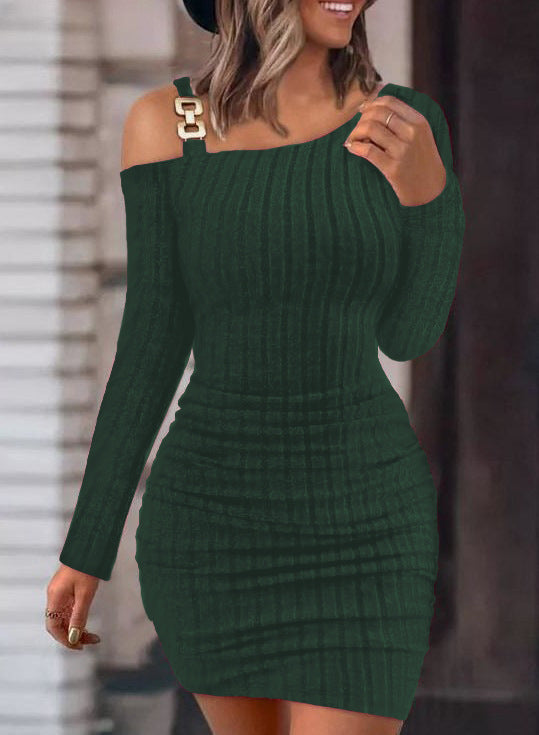 Damen Figurbetontes Strickkleid mit asymmetrischem Schulterdesign und dekorativen Akzenten R&B