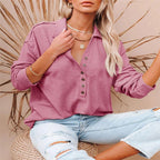 Damen nan lässiges Waffel-Polohemd mit Henley-Knopfleiste und überschnittener Schulter R&B