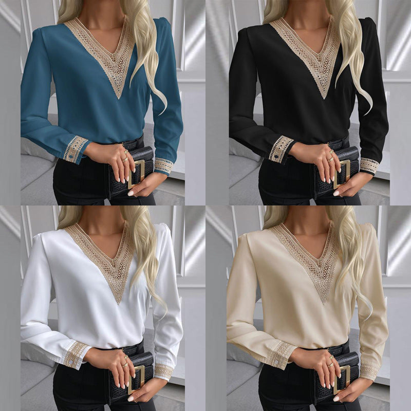 Damen elegante Bluse mit Spitzenbesatz R&B