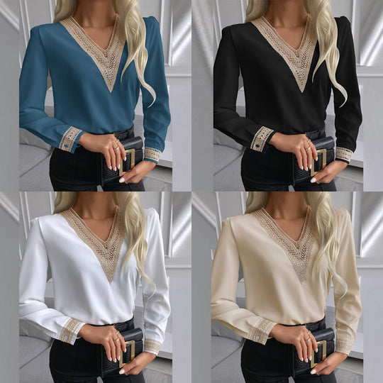 Damen elegante Bluse mit Spitzenbesatz R&B