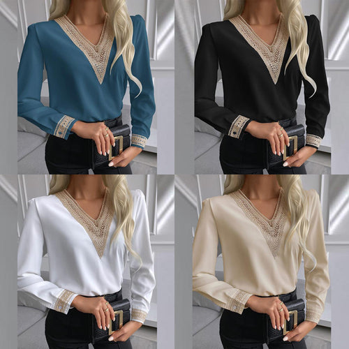 Damen elegante Bluse mit Spitzenbesatz R&B