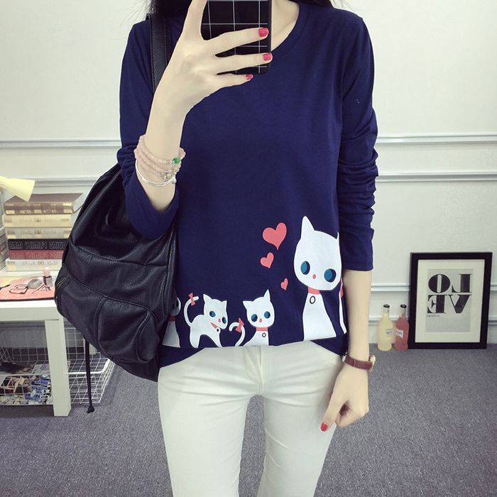 Damen Langarm-T-Shirt mit kreativem Katzenmotiv R&B