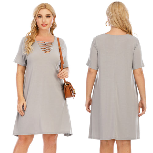 Damen lässiges Loose-Fit Kleid mit V-Ausschnitt und modernen Schnürdetails R&B