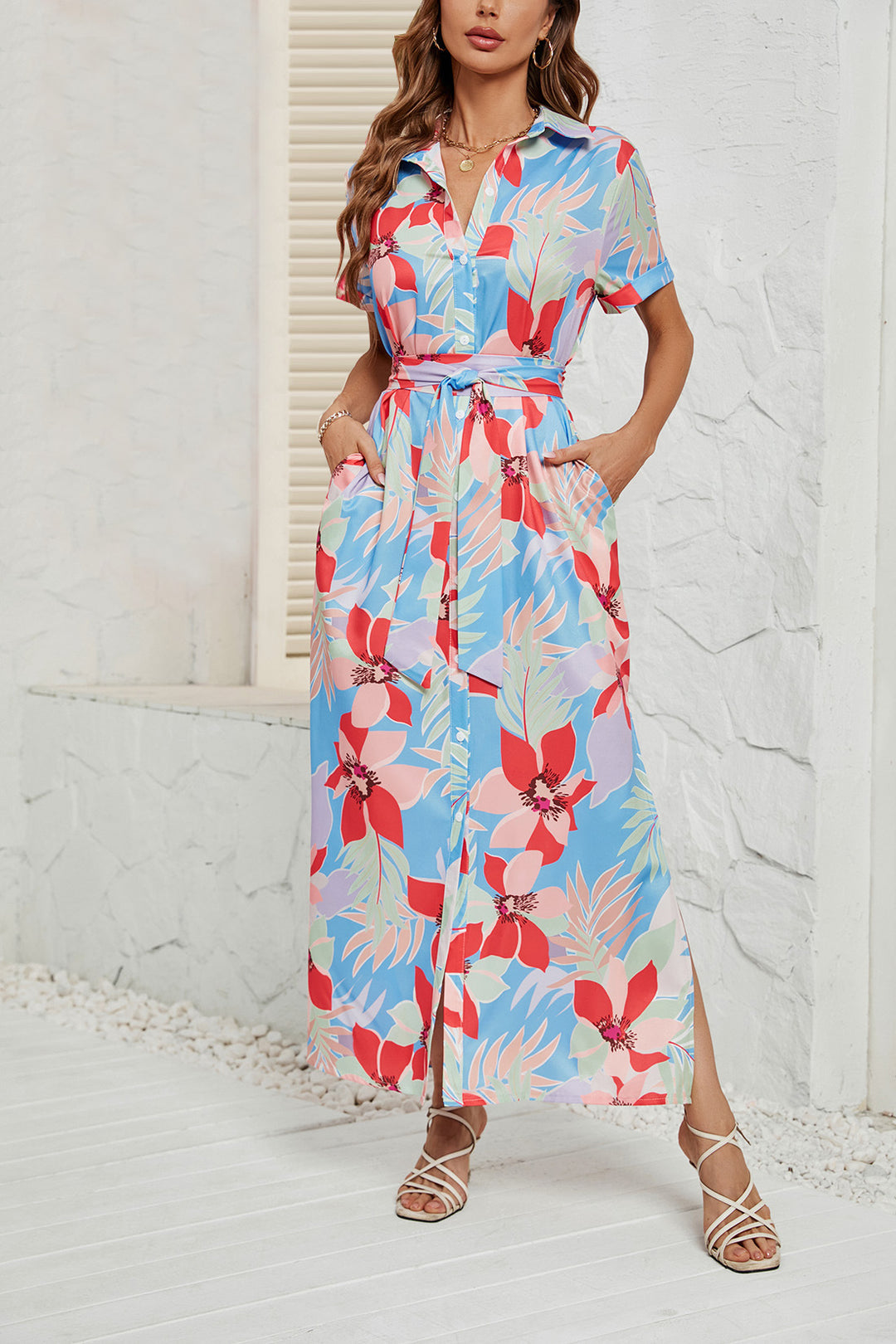 Damen Maxikleid mit raffiniertem Schnitt und tropischem Design R&B