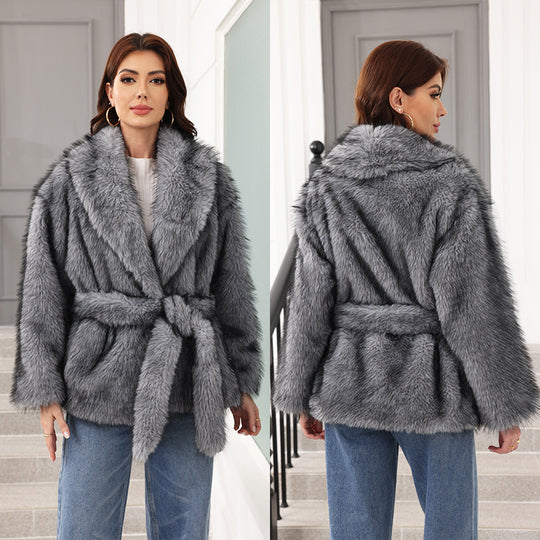 Damen Eleganter Kunstpelzmantel mit Gürtel und breitem Revers R&B