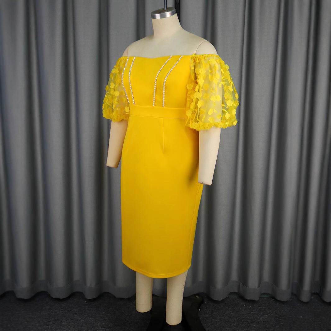 Damen figurbetontes Kleid mit verzierten Puffärmeln und Perlenakzenten R&B