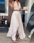 Damen Elegantes Maxikleid mit tiefem V-Ausschnitt und schmeichelndem Taillengürtel R&B