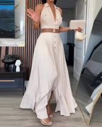 Damen Elegantes Maxikleid mit tiefem V-Ausschnitt und schmeichelndem Taillengürtel R&B