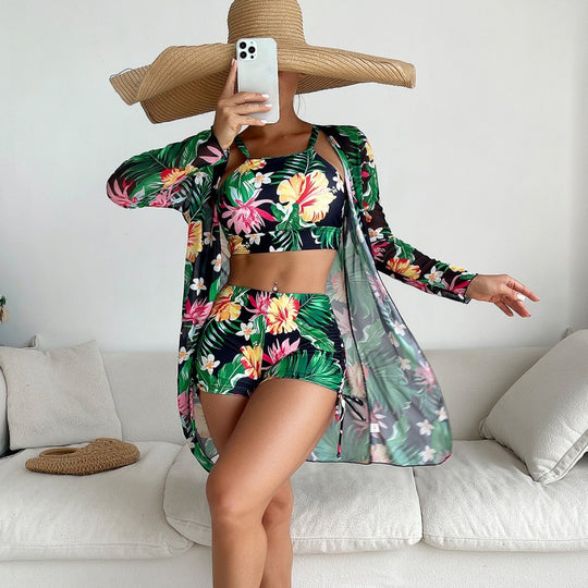 Damen Sport-Bikini-Set mit farbenfrohem Floralprint und lässiger Wickeljacke R&B