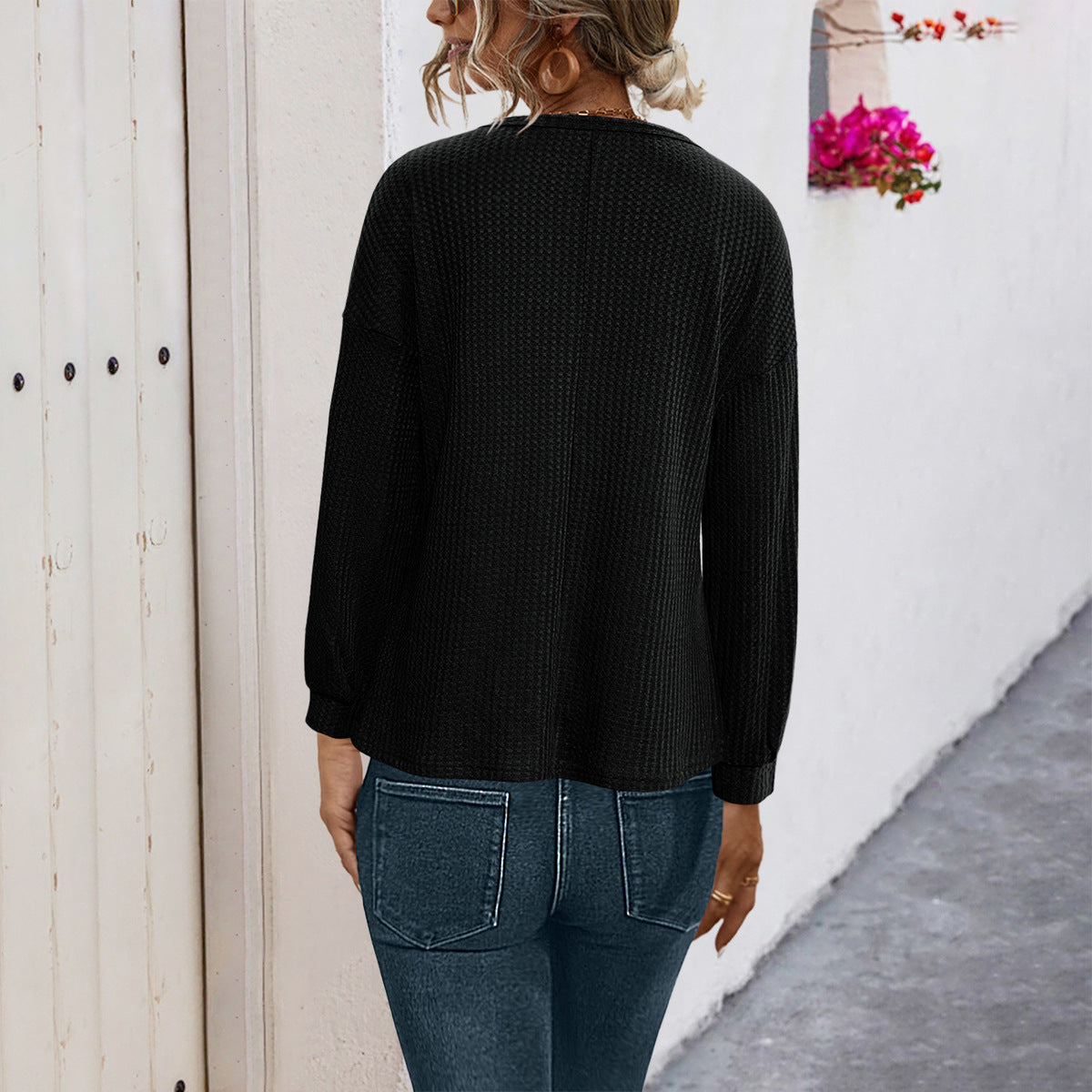 Damen lässiger Strickpullover mit dekorativen Knöpfen und weitem Schnitt R&B