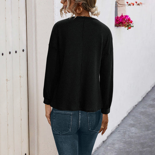 Damen lässiger Strickpullover mit dekorativen Knöpfen und weitem Schnitt R&B