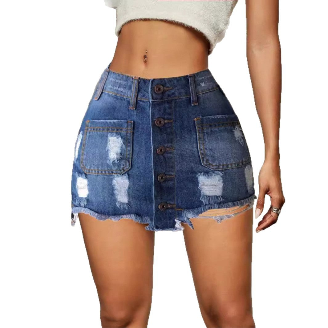 Damen Jeansrock mit Knopfleiste und lässigem Destroyed-Effekt R&B