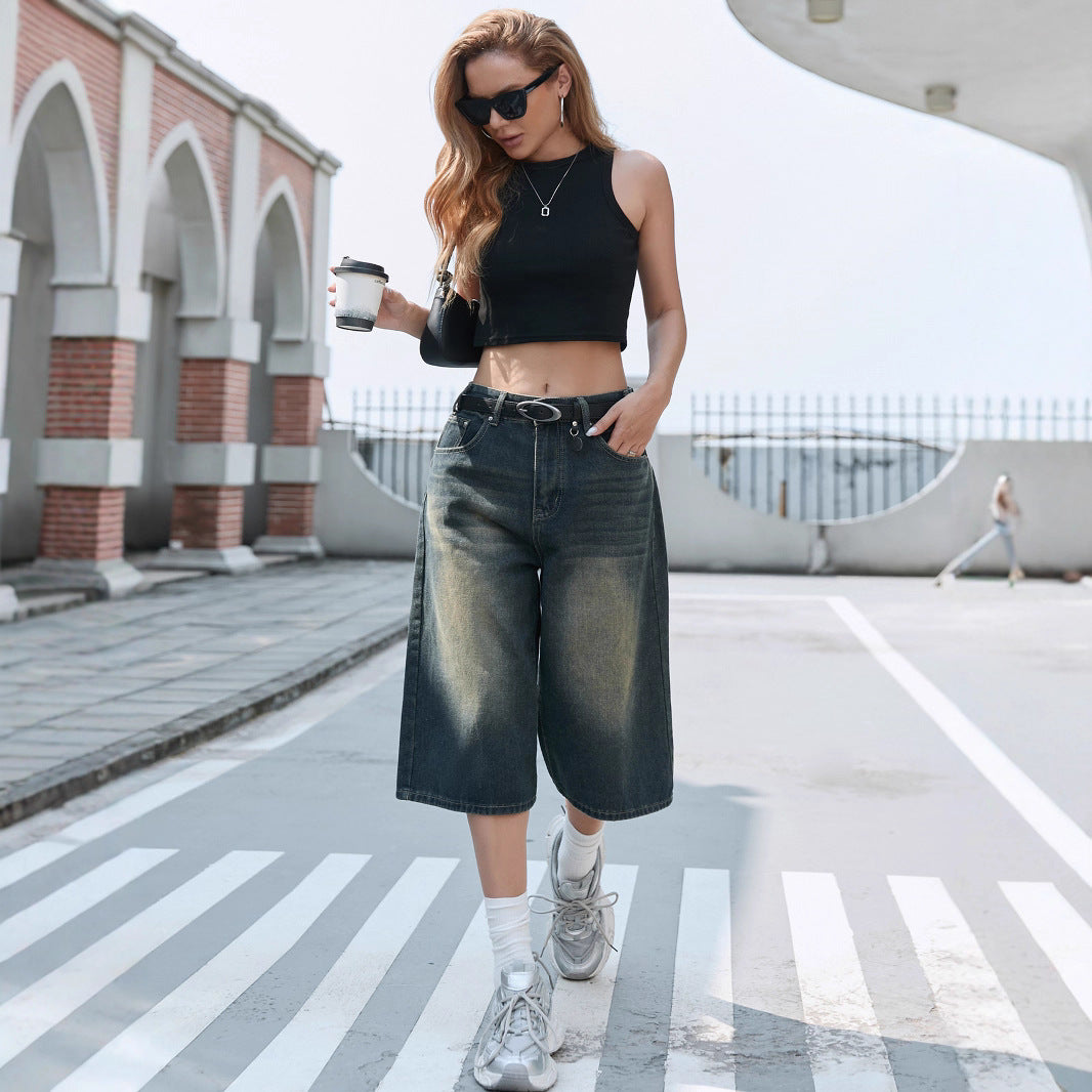Damen Weite Denim-Culotte mit modischer Nackenbindung R&B