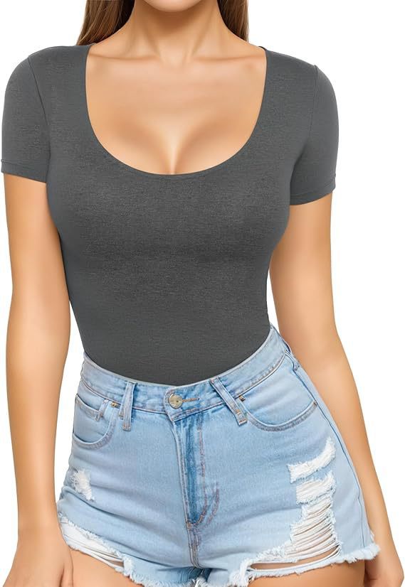Damen figurbetontes Kurzarm-Body mit rundem Ausschnitt und nahtlosem Design R&B