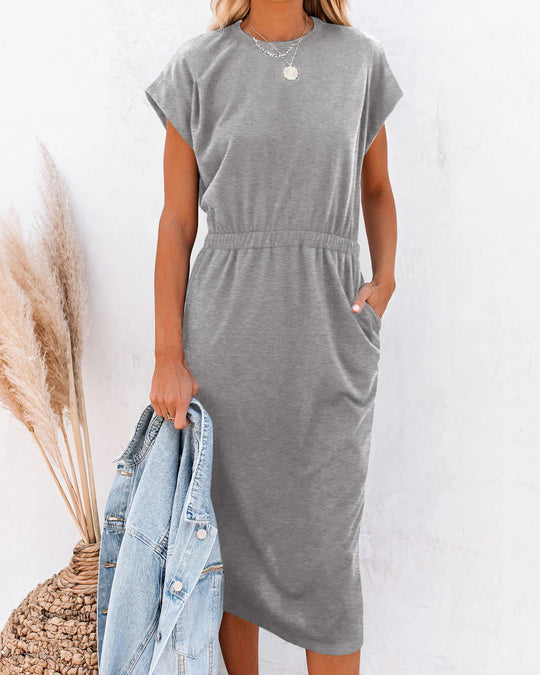 Damen Entspanntes Midikleid mit elastischem Taillenzug und Seitentaschen R&B