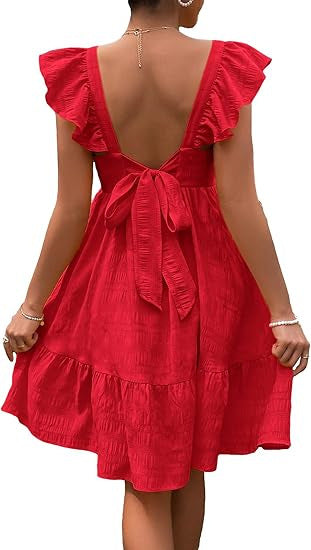 Damen luftiges Baumwollkleid mit Rüschendetails und offenen Rücken R&B