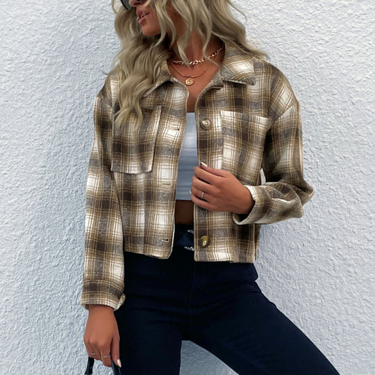 Damen karierte Kurzjacke im lässigen Schnitt mit praktischen Taschen R&B