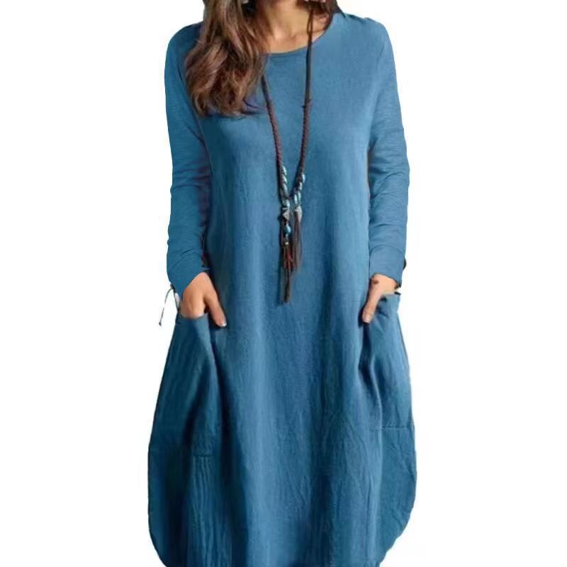 Damen lässiges Freizeitkleid mit seitlichen Taschen und Rundhalsausschnitt R&B