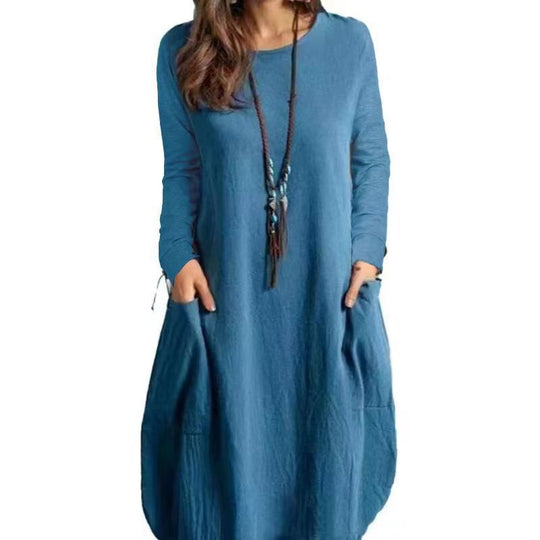 Damen lässiges Freizeitkleid mit seitlichen Taschen und Rundhalsausschnitt R&B