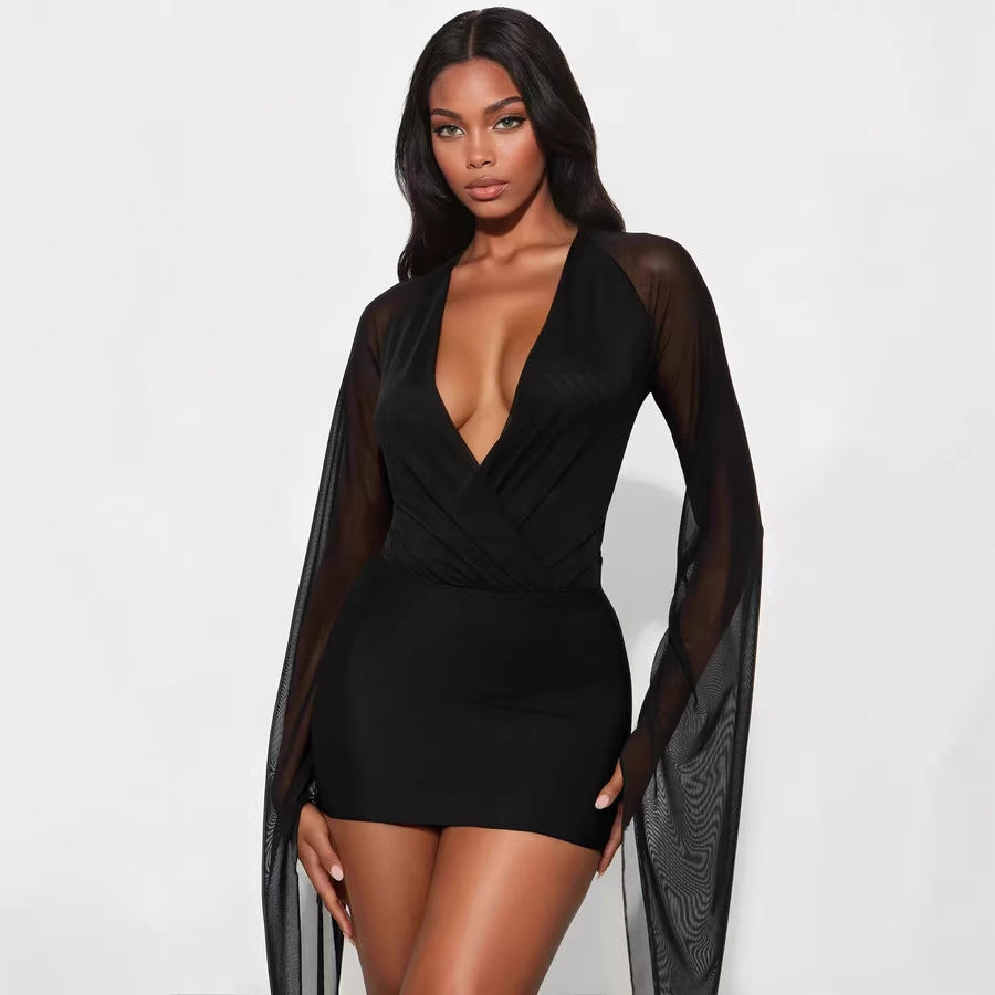 Damen Wickelkleid mit langem, transparentem Ärmel R&B