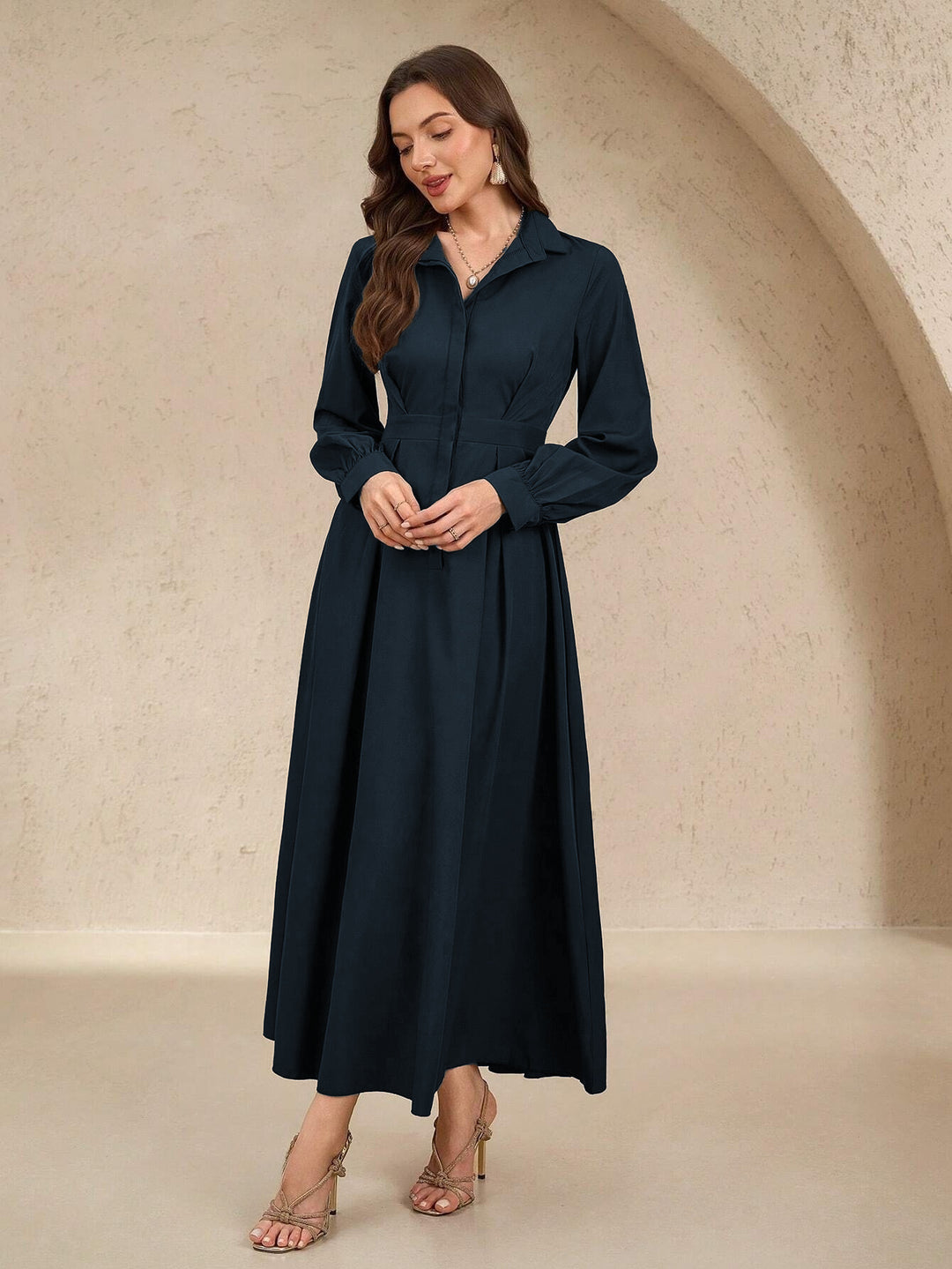 Damen Elegantes Hemdblusenkleid mit schwingendem Rock und praktischen Taschen R&B