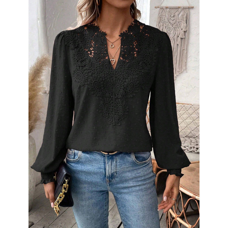 Damen Bluse mit gesticktem V-Ausschnitt und langen Ärmeln R&B