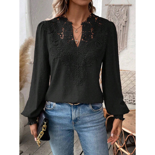 Damen Bluse mit gesticktem V-Ausschnitt und langen Ärmeln R&B