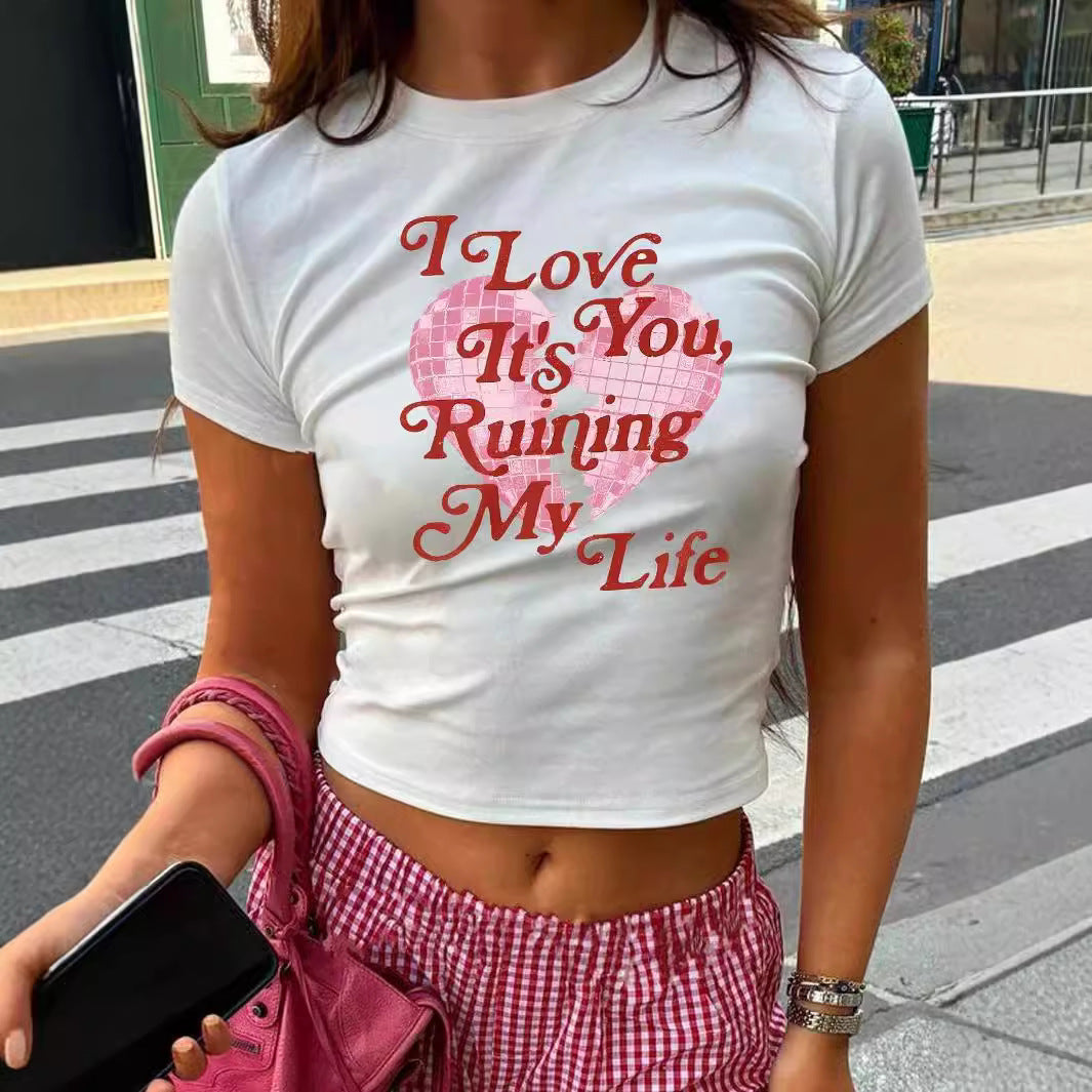 Damen Crop-Top mit kreativem Grafikdesign und modernem Schriftzug R&B