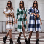 Damen Langer Wollmantel mit kariertem Muster und taillierbarem Gürtel R&B