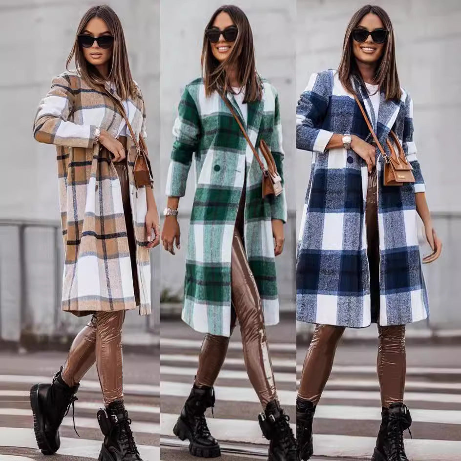 Damen Langer Wollmantel mit kariertem Muster und taillierbarem Gürtel R&B