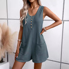 Damen Kurzarm Jumpsuit mit Knopfdetails und praktischen Taschen R&B