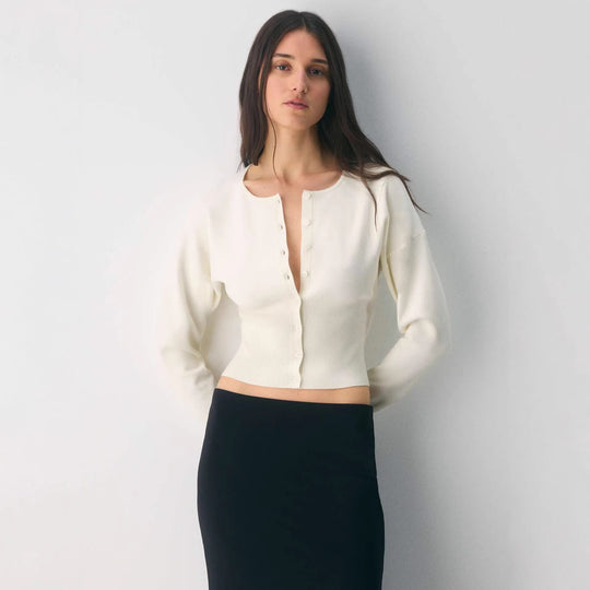 Damen Cropped Strickjacke mit Knopfleiste und Rippstrick R&B