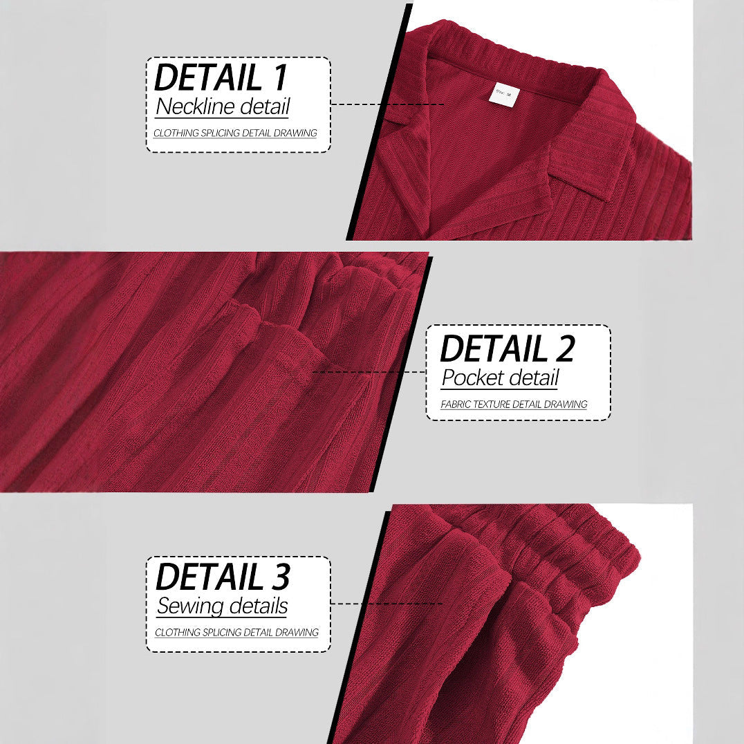 Herren nan geripptes Feinstrick-Lounge-Set mit kurzärmligem Revershemd und Kordelshorts R&B