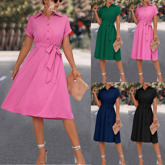Damen Knielanges Hemdkleid mit Taillengürtel und elegantem V-Ausschnitt R&B
