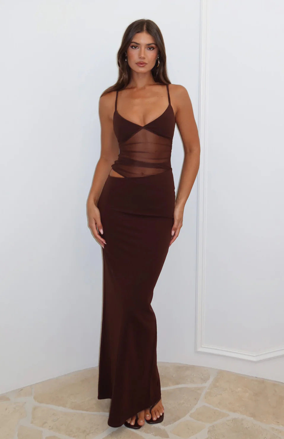 Damen Elegantes Stretch-Maxikleid mit transparenten Einsätzen und spaghetti Trägern R&B