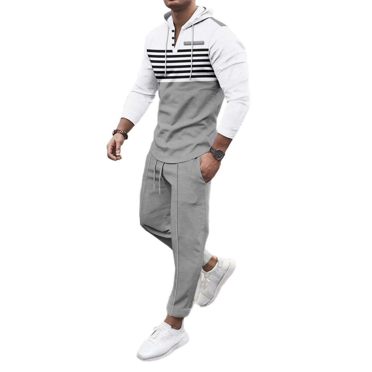 Herren nan Henley-Kapuzen-Lounge-Set mit Streifenpasse, Halbknopfleiste und konischer Jogginghose R&B