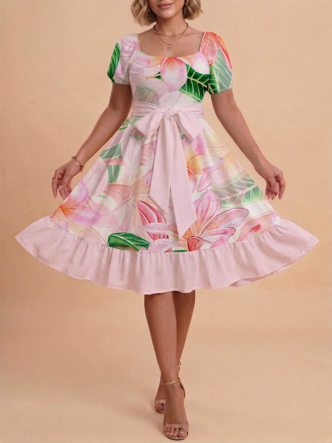 Damen Sommerkleid mit floralem Puffärmel und taillierbarem Gürtel R&B
