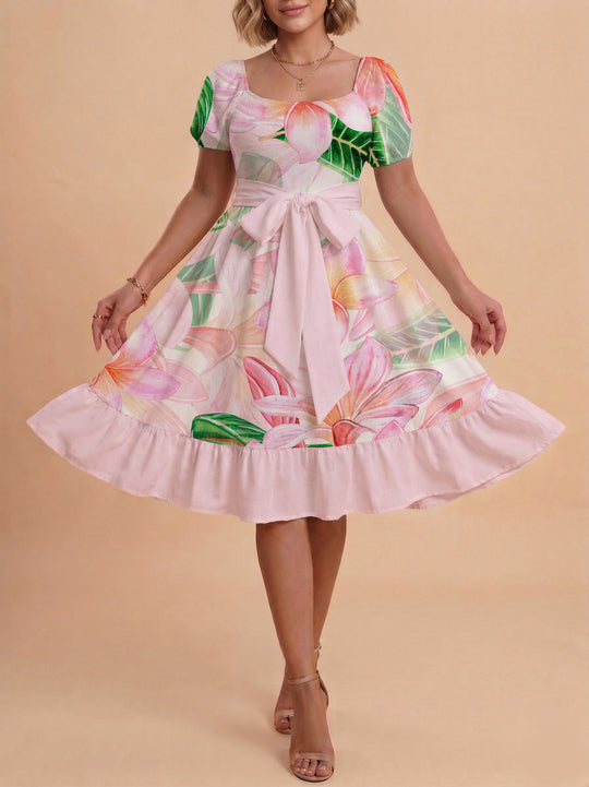 Damen Sommerkleid mit floralem Puffärmel und taillierbarem Gürtel R&B