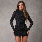 Damen nan figurbetontes Mesh-Minikleid mit floraler Samtflock-Verzierung, hohem Stehkragen und seitlicher Raffung R&B