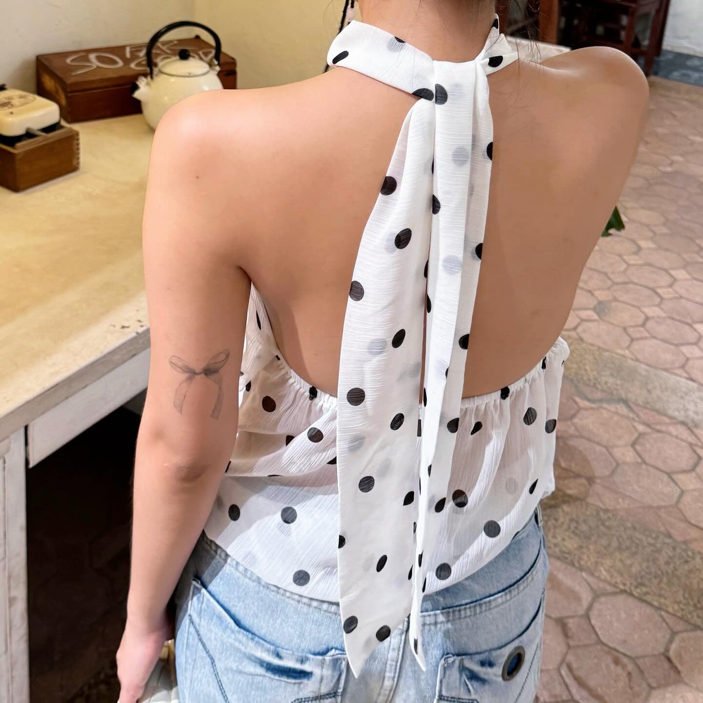 Damen Spaghetti-Trägertop mit modischem Punkten Design und Schleifenakzenten R&B