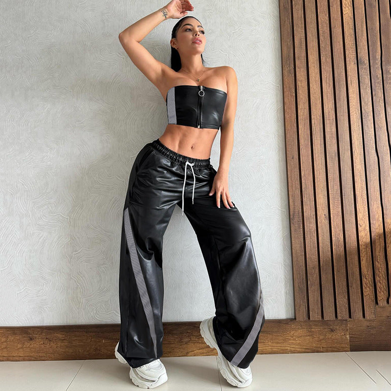 Damen Sportliche Wide-Leg Hose mit elastischem Bund und modischen Streifen R&B