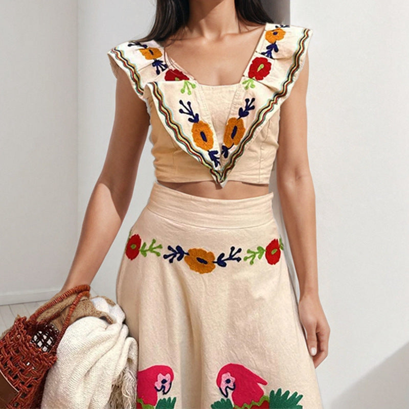 Damen Ethno-Inspiriertes Maxikleid mit Buntem Stickdesign und Volant R&B