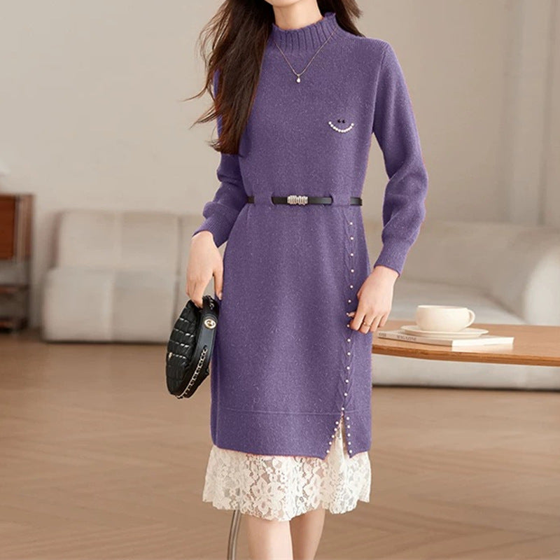 Damen Strickkleid mit dekorativen Knopfdetails und Spitze R&B