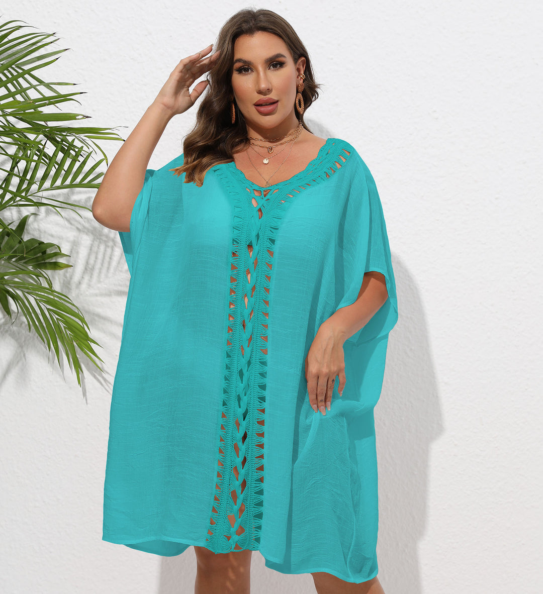 Damen Luftiger Strandkimono mit dekorativer Häkelspitze R&B