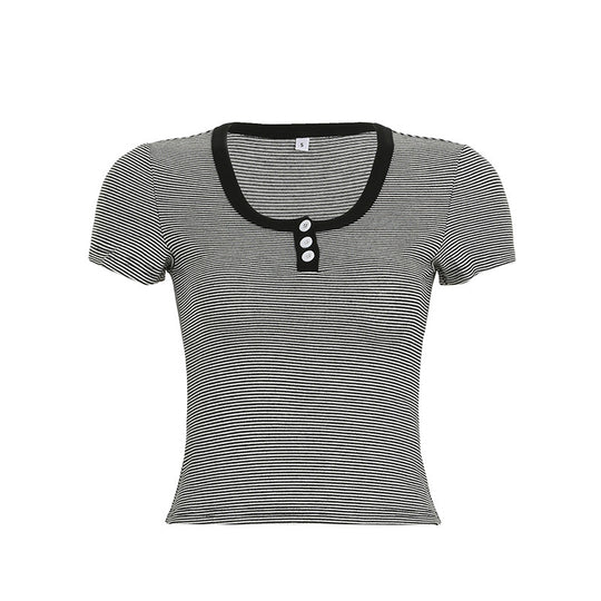 Damen Kurzarmshirt mit modischem Streifenmuster und dekorativen Knöpfen R&B
