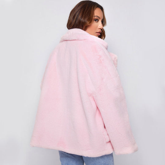 Damen Flauschige und stylische Freizeitjacke mit tiefem Reverskragen R&B